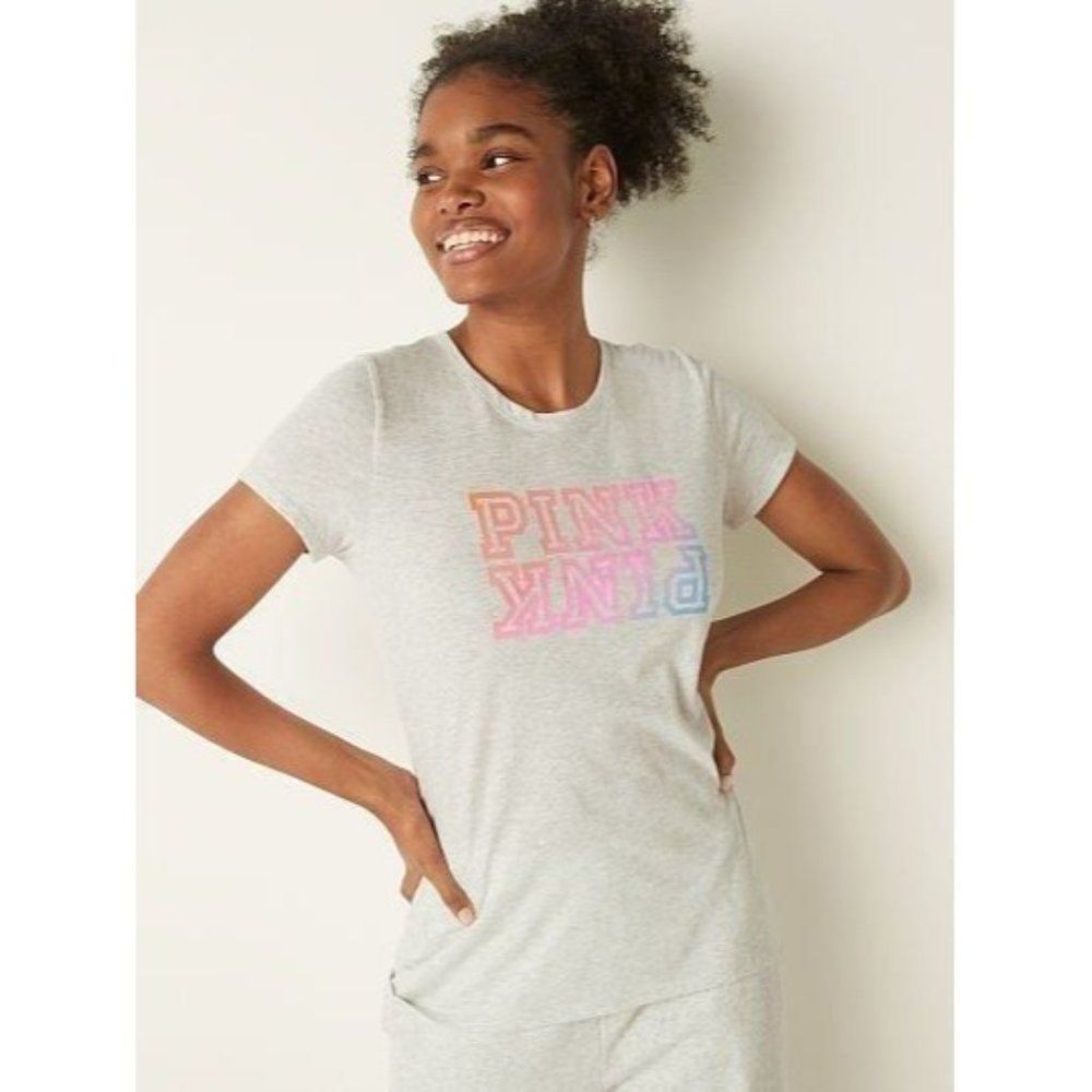 PINK Victoria Secret Medium Gray Ombre Rainbow Everyday Short Sleeve Tee Shirt